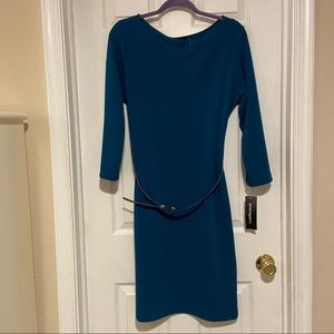 Sharagano belted dress SZ 14 deep teal 3/4 sleeve super stretchy!